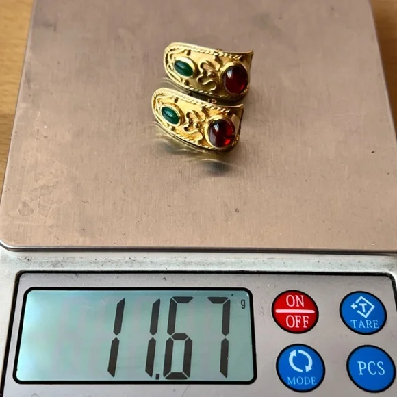 VINTAGE 14K GOLD CABOCHON GARNET GREEN CHRYSOPRASE EARRINGS STATEMENT CUSTOM - Picture 6 of 16